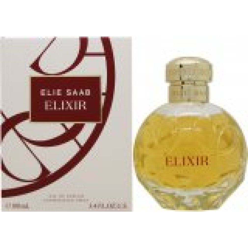 Flakon und Verpackung. Flakon rund, goldfarbener Deckel, Aufschrift "ELIXIR". Verpackung mit Logo und Schriftzug "ELIE SAAB ELIXIR".