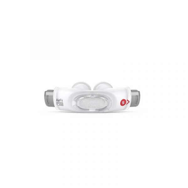 Nasenmaske, weiß mit grauen Elementen. Zwei Nasenpolster, zentrales Element mit Filter. Roter Größenindikator 'S'.