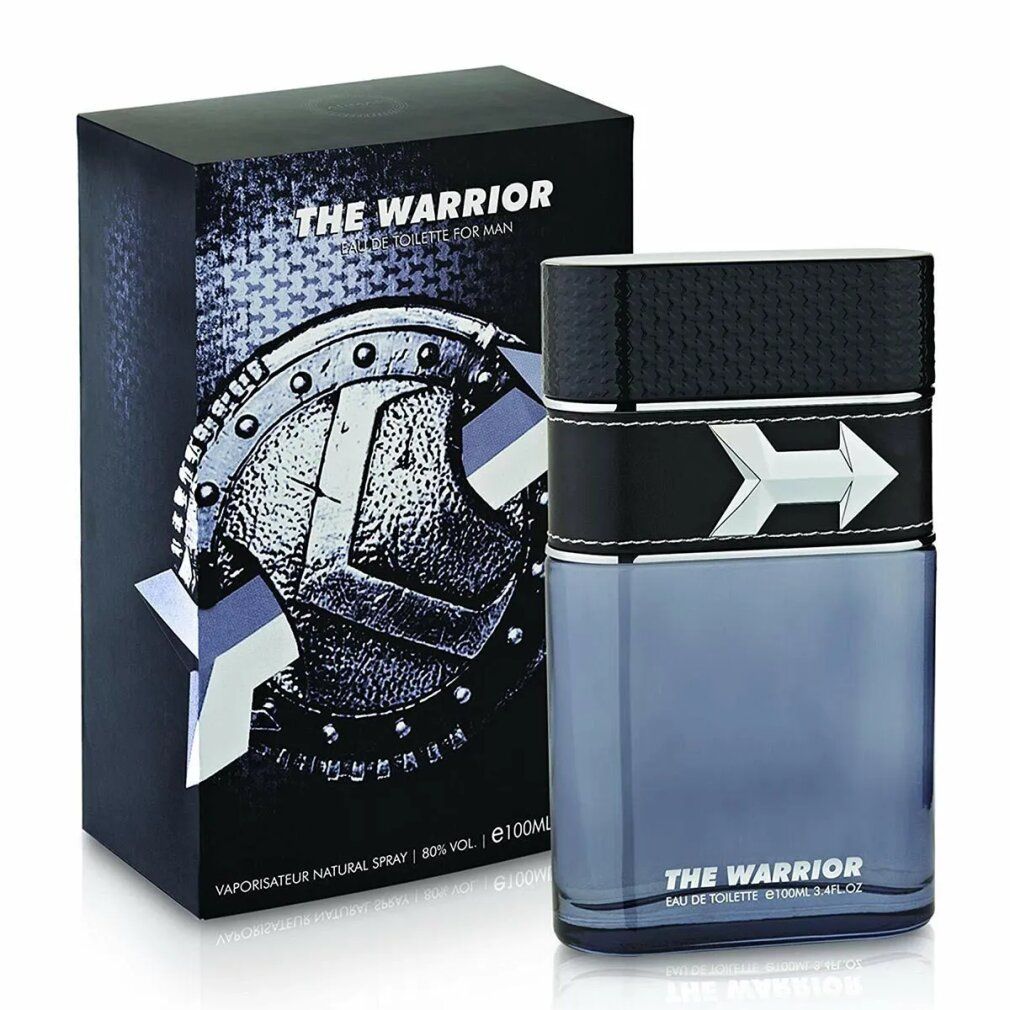 Flakon und Box. Flakon mit silbernem Pfeil-Design und bläulicher Flüssigkeit. Schwarze Box mit silbernem Design und Text 'THE WARRIOR'.