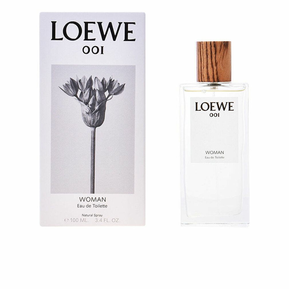 Loewe 001 Woman Eau de Toilette Spray. Flakon und Verpackung. Flakon rechteckig, transparent. Holzfarbener Verschluss. Verpackung weiß mit floralem Motiv.