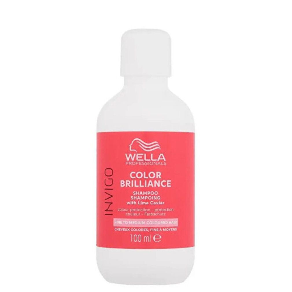 Kleine weiße Shampoo-Flasche mit rotem Etikett. Schriftzug: Invigo Color Brilliance, Wella. 100 ml.