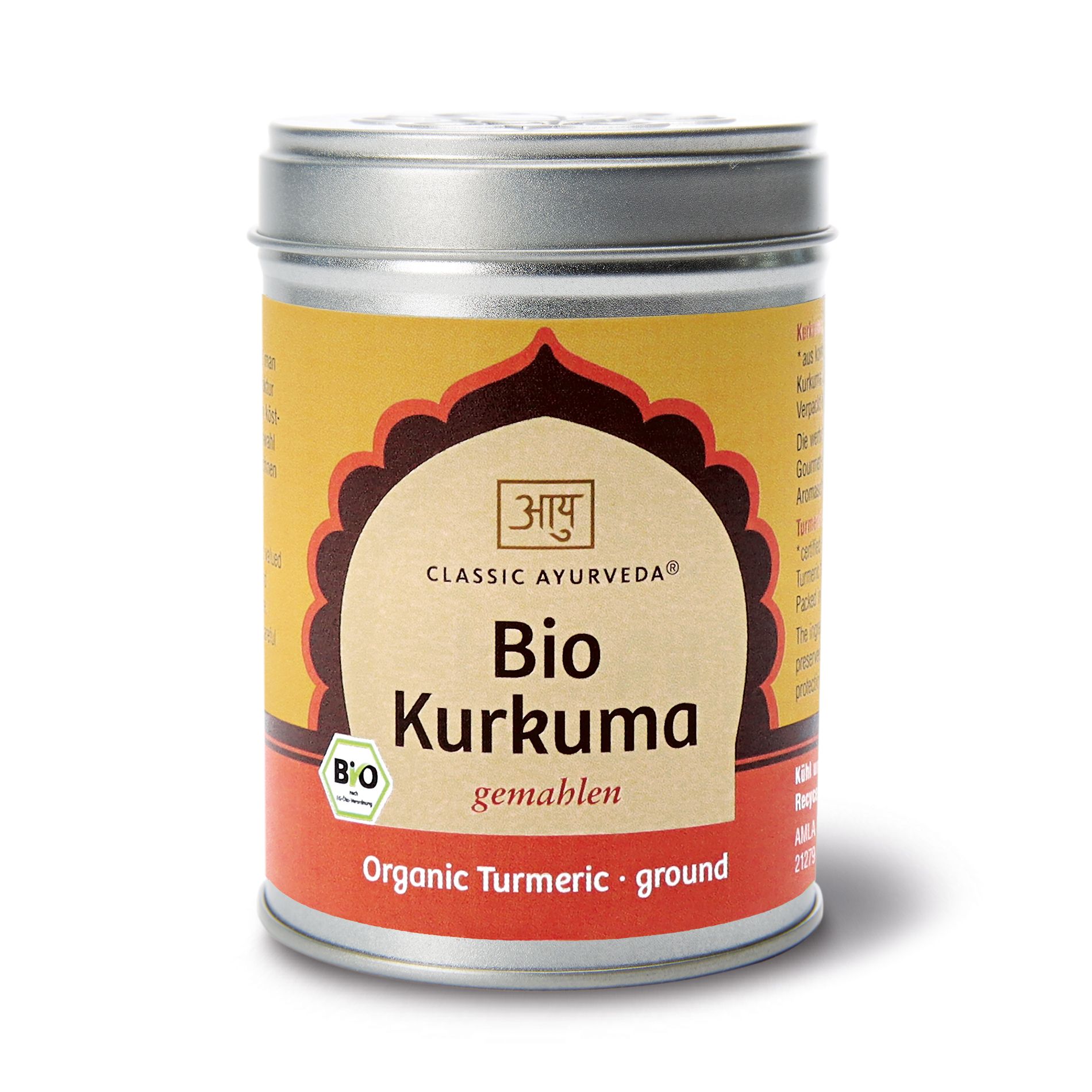 Metallbehälter mit Etikett. Aufschrift: Bio Kurkuma gemahlen, Classic Ayurveda. Siegel: Bio.