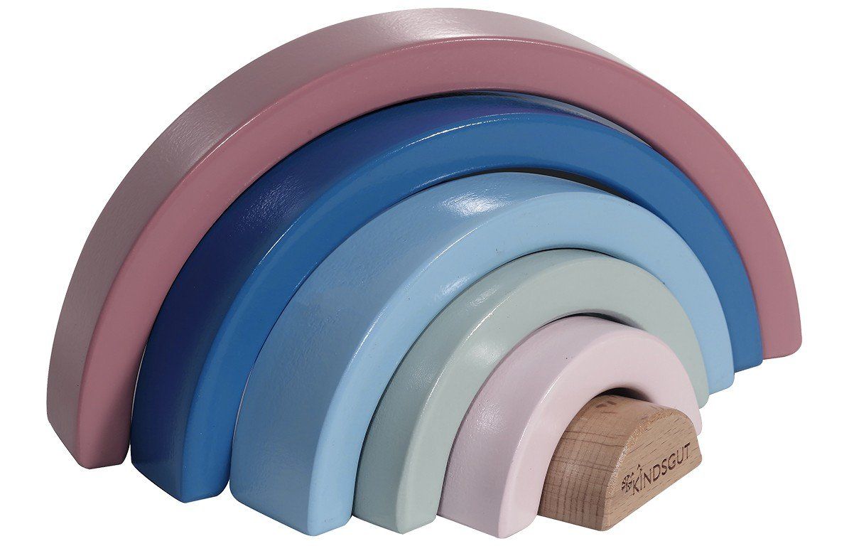 Holz-Regenbogen mit sieben Bögen in Pastellfarben. Der unterste Bogen ist aus Naturholz mit Markenschriftzug. Perspektivische Ansicht.