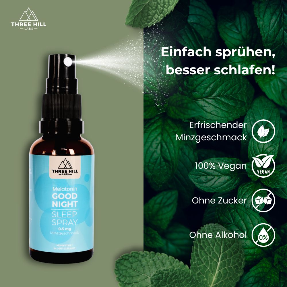 Braune Sprühflasche, Sprühnebel, grüne Blätter. Aufschrift: Good Night Sleep Spray 0,5 mg. Vegan-Siegel.