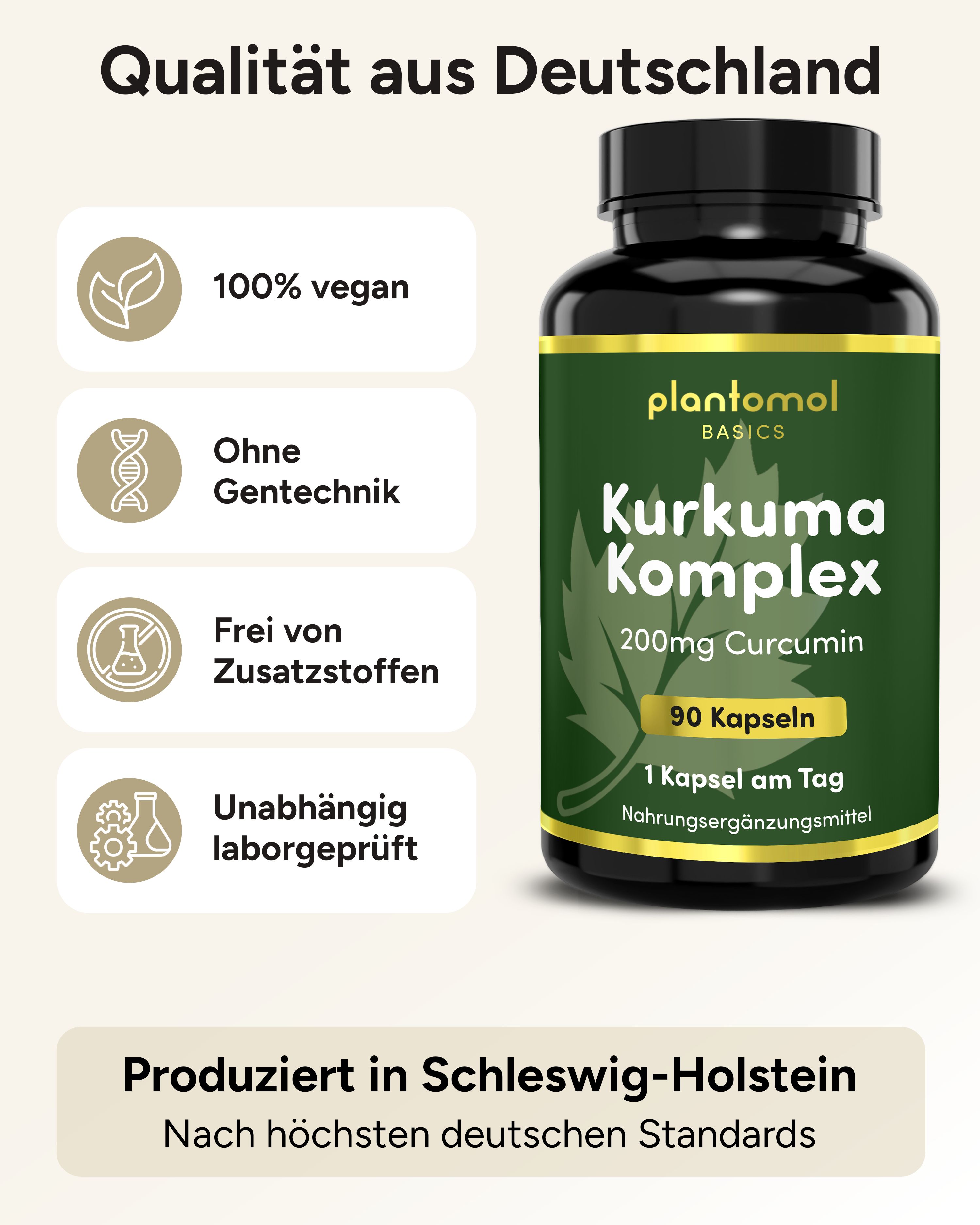 Produktflasche mit Kurkuma-Komplex. 100% vegan, ohne Gentechnik, ohne Zusatzstoffe. 90 Kapseln.