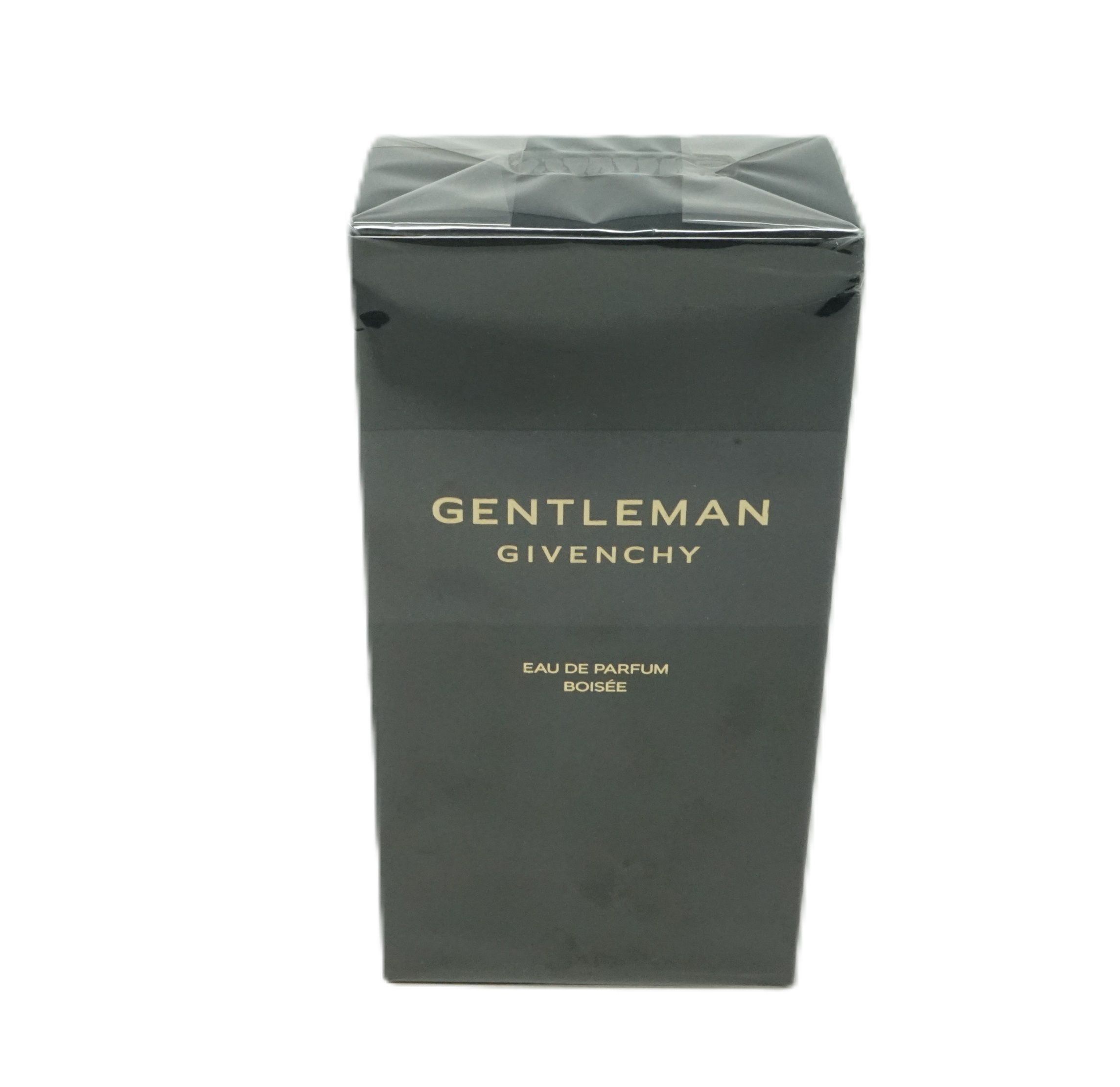 Schwarzer Karton mit goldfarbenem "GENTLEMAN GIVENCHY"-Schriftzug. "EAU DE PARFUM BOISÉE" darunter. Verpackt in Folie.