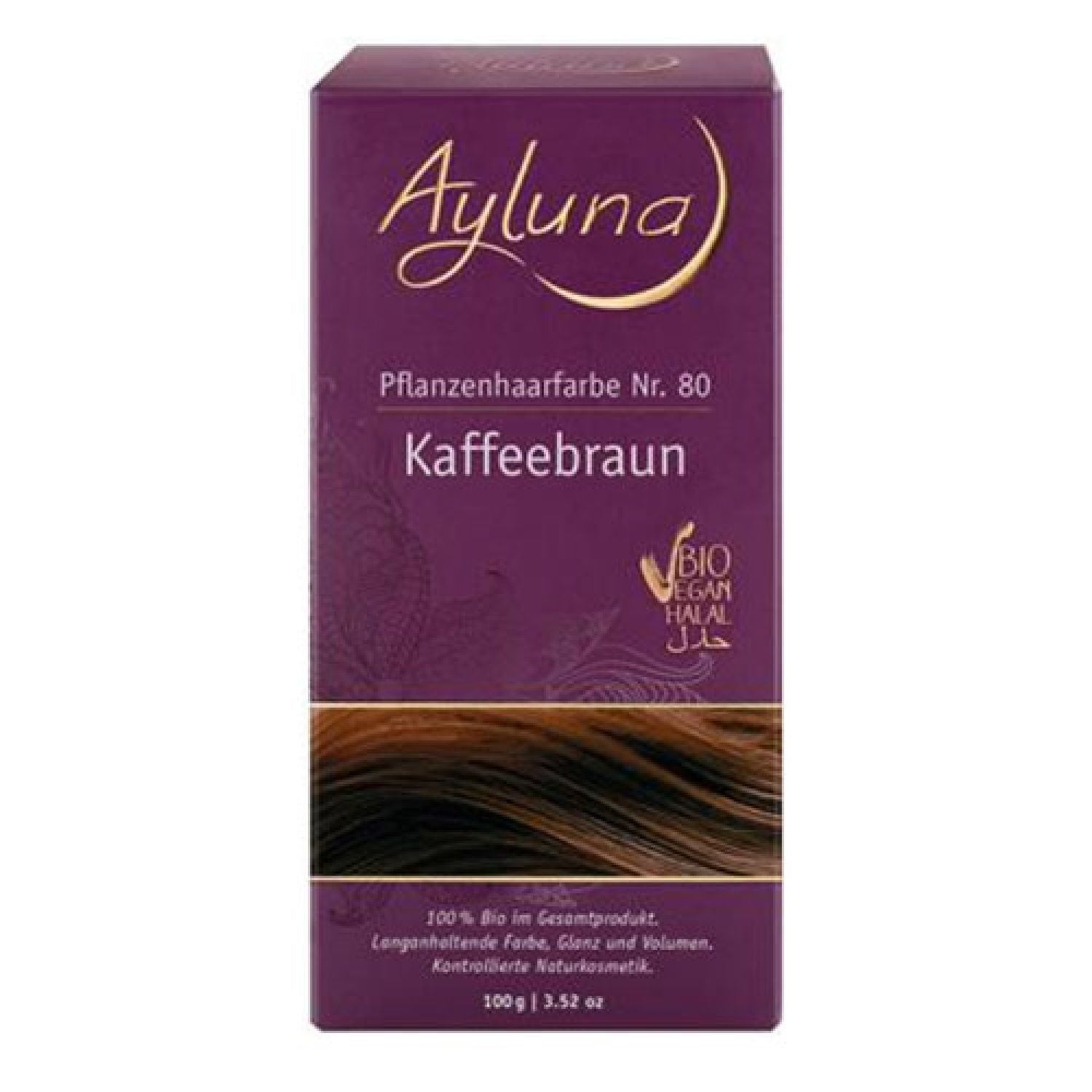 Ayluna Pflanzenhaarfarbe Kaffeebraun Nr. 80 Bio. Violette Schachtel mit Produktinformationen und Haarfarbenbeispiel. Bio, Vegan, Halal.