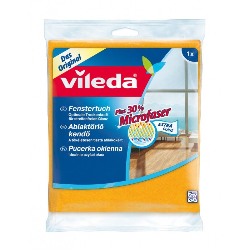 Gelbes VILEDA Fenstertuch in Plastikverpackung. Text: "Fenstertuch", "30% Microfaser", "Extra Glanz".