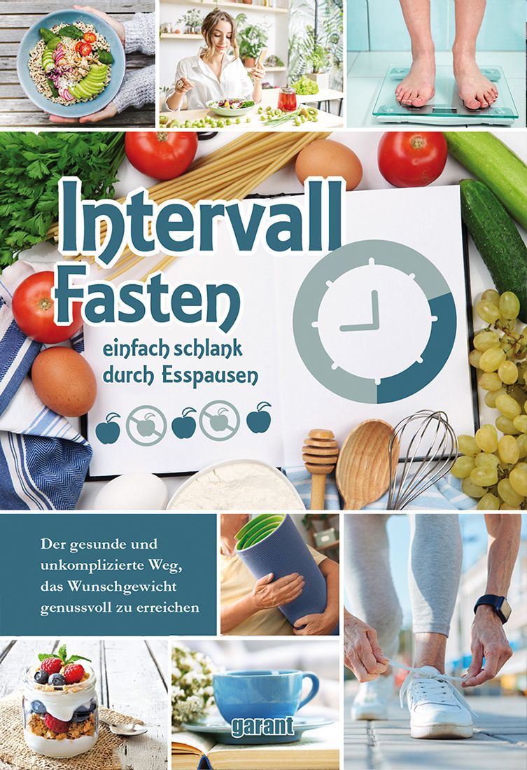 Collage mit Bildern von Lebensmitteln, einer Waage, einer Frau beim Essen, und Text: Intervall Fasten.