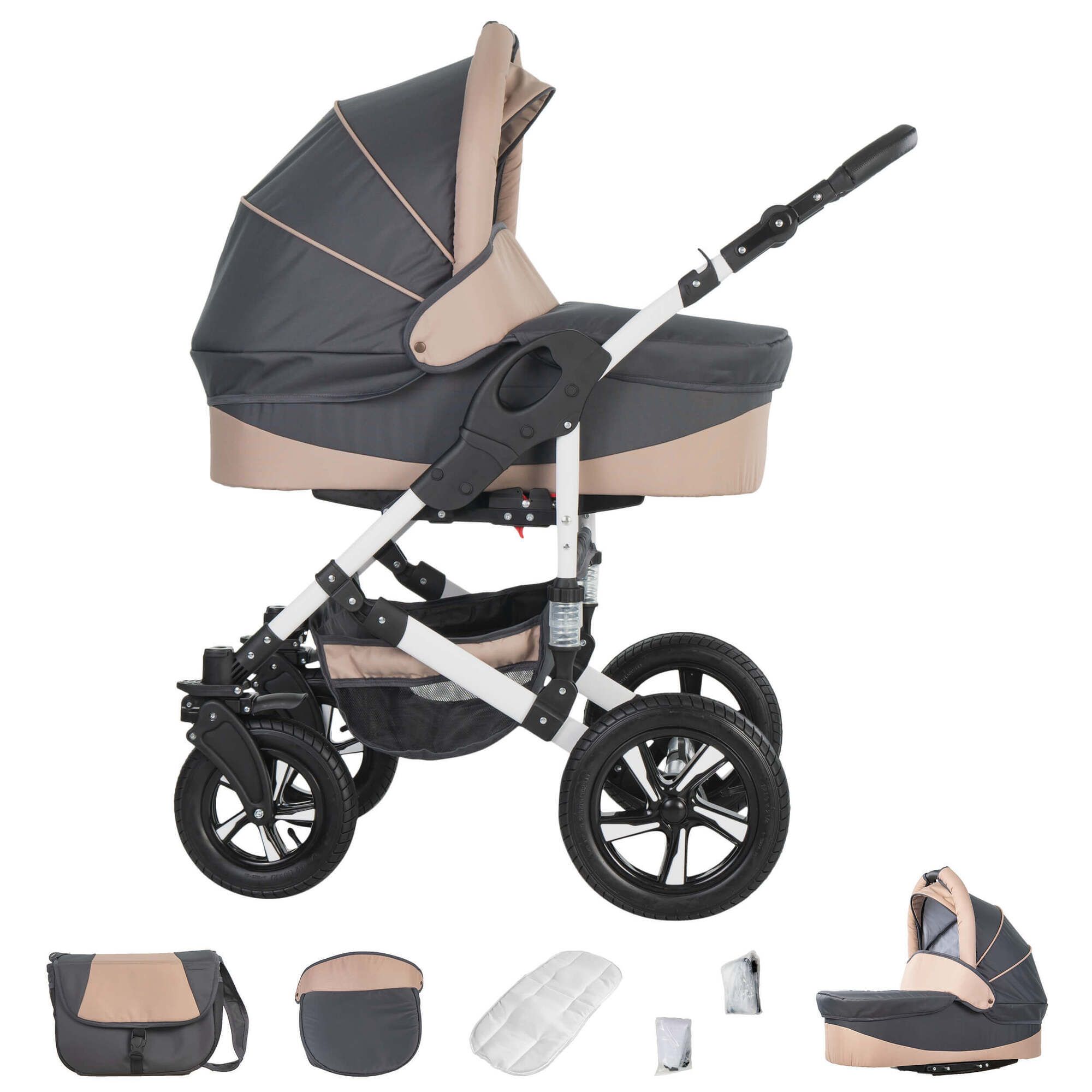 Friedrich Hugo Hamburg 4 in 1 Kinderwagen Komplettset ISOFIX Basis Luftreifen, Grey & Beige