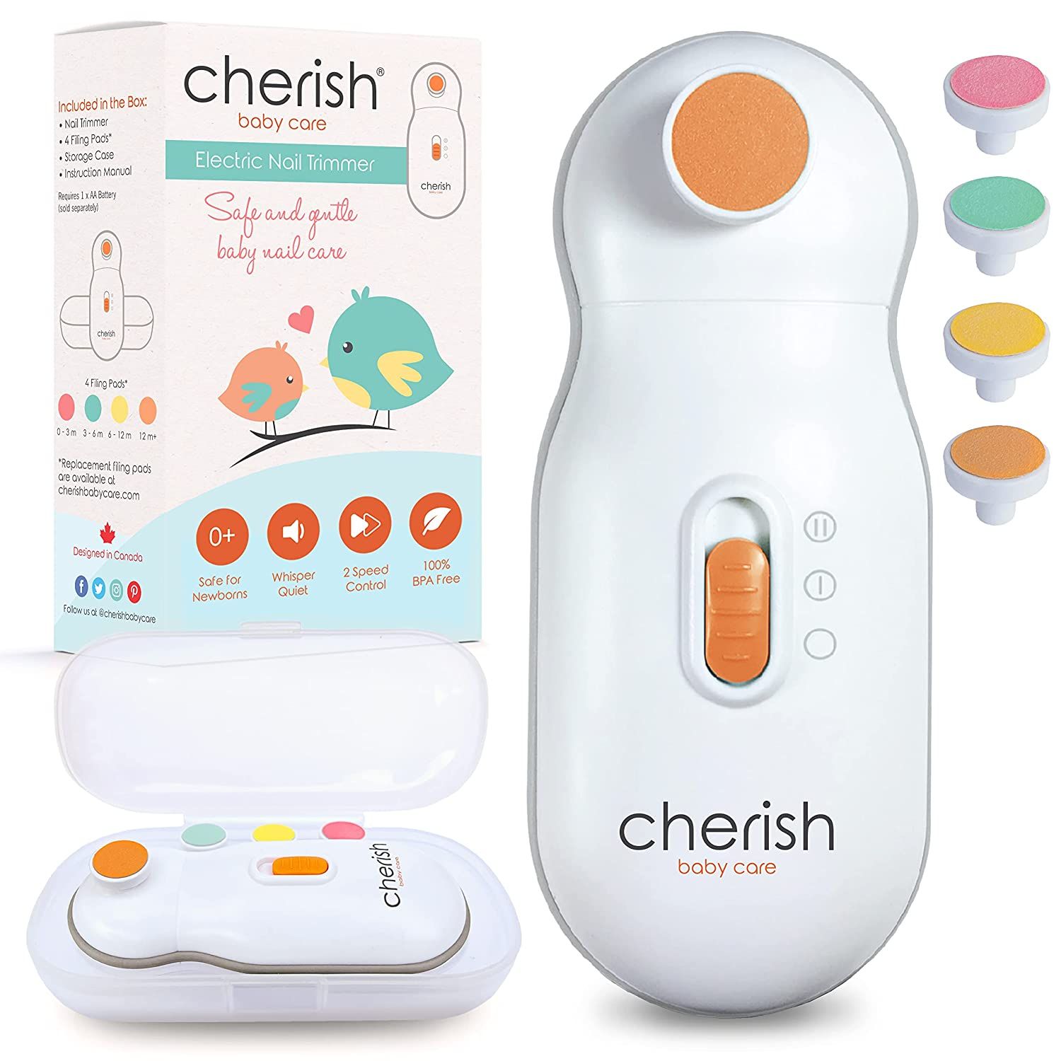 Elektrische Baby Nagelfeile. Weißes Gerät mit orangefarbenen Akzenten. Inklusive Aufbewahrungsbox und verschiedenen Schleifköpfen. Verpackung mit Produktname.