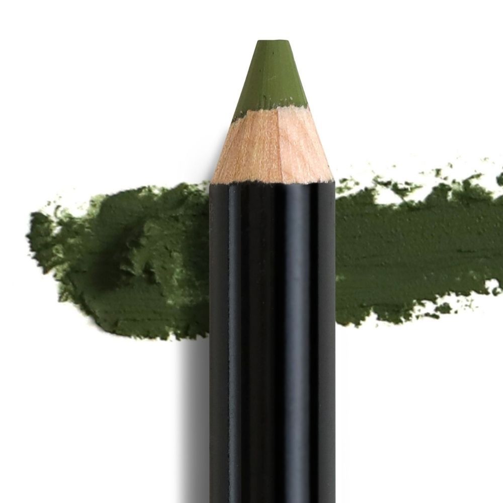 Grüner Augenstift mit Farbabstrich. Spitze des Stifts und Farbabstrich in Grün. Schwarzer Schaft.