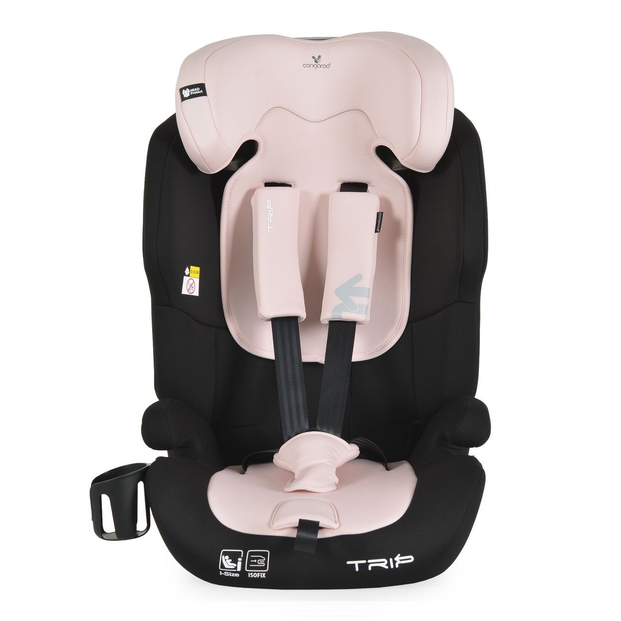 Schwarzer Kindersitz mit rosa Akzenten, Kopfstütze und 5-Punkt-Gurt, mit Becherhalter.