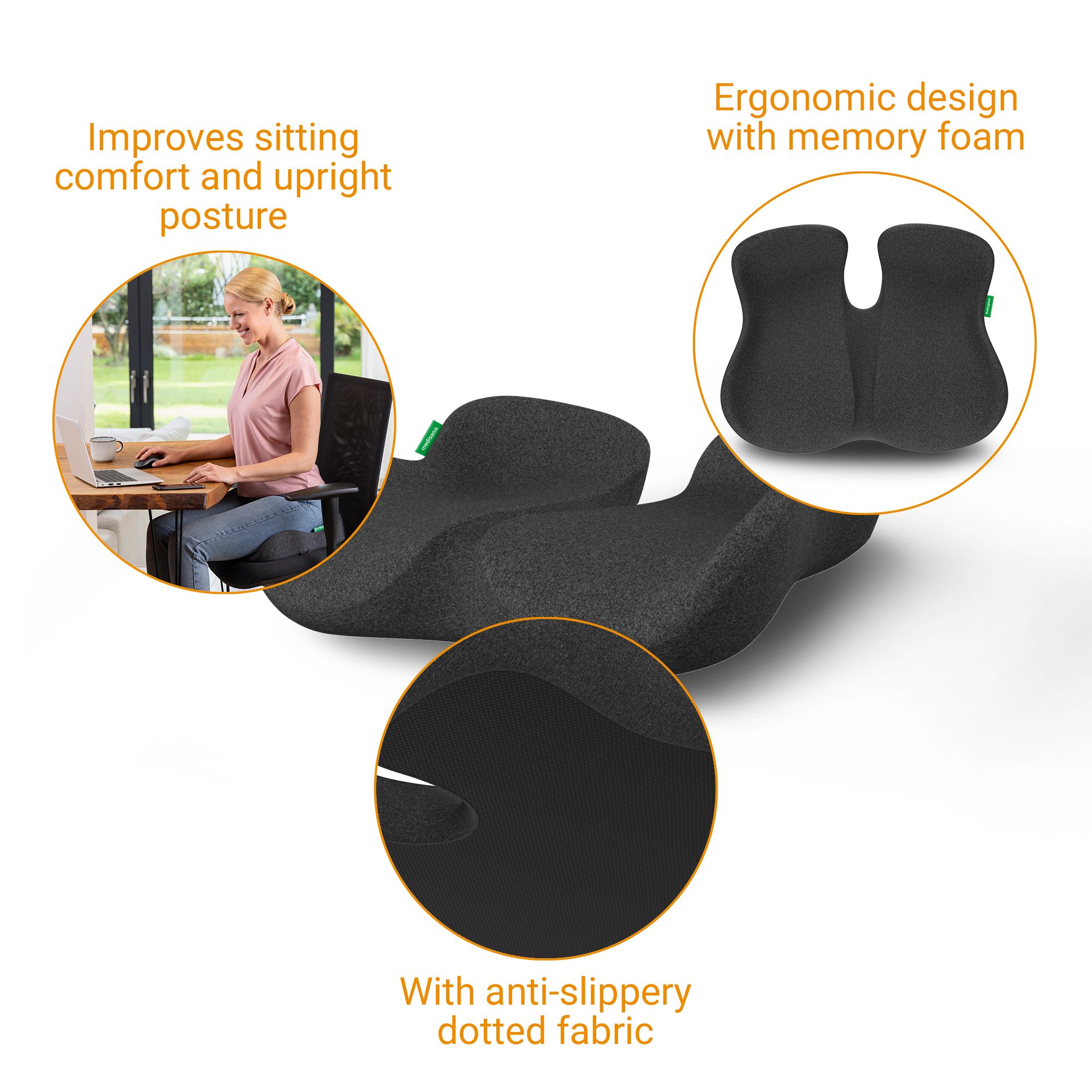 Graues ergonomisches Sitzkissen mit Memory-Schaum und Anti-Rutsch-Gewebe. Text: Ergonomisches Design, verbessert die Haltung.