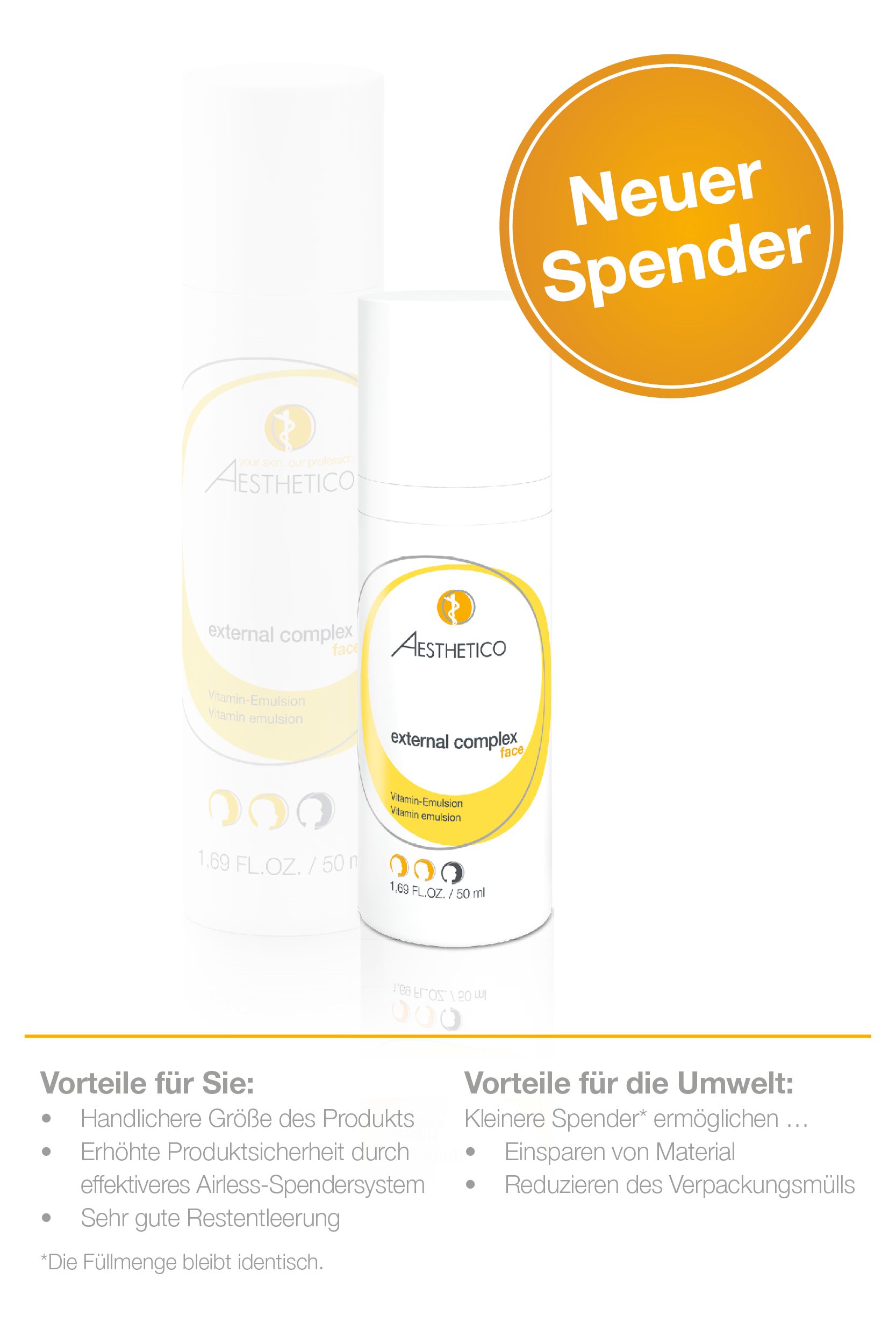 Due flaconi bianchi con etichette gialle. Scritta: Aesthetico, external complex, Vitamin-Emulsion. Adesivo Nuovo dispenser.