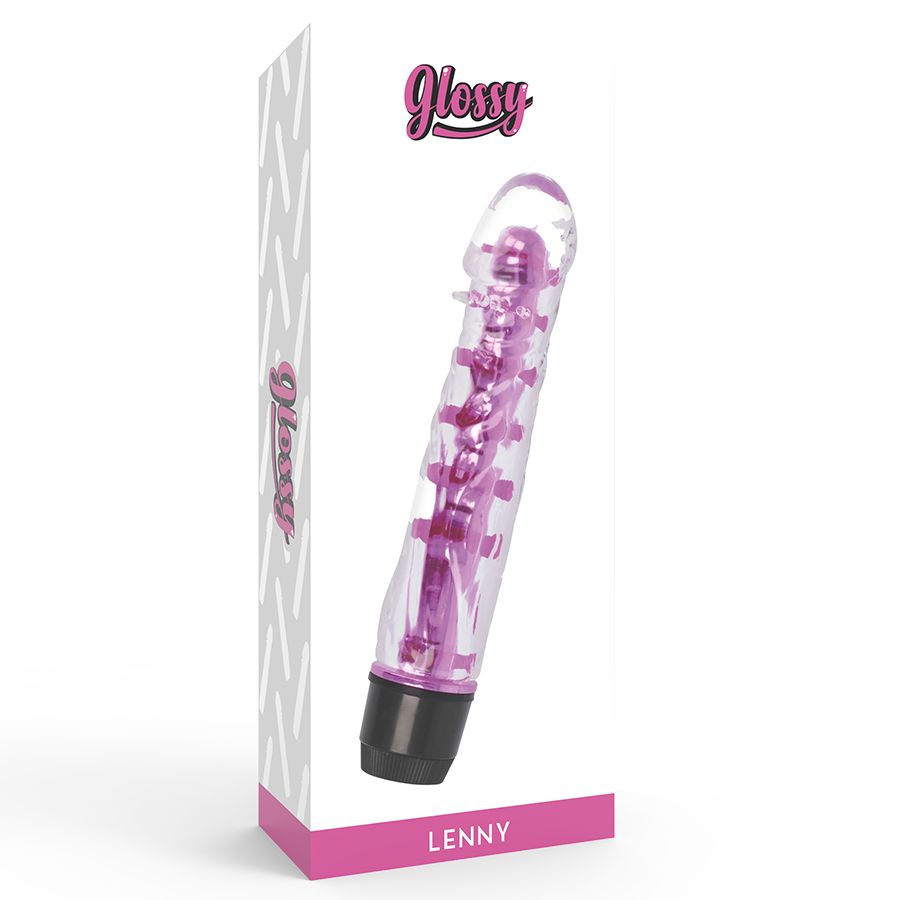 Vibrator in Verpackung. Transparent mit pinkfarbenen Elementen. Schwarzer Sockel. Marke: GLOSSY. Text: LENNY.