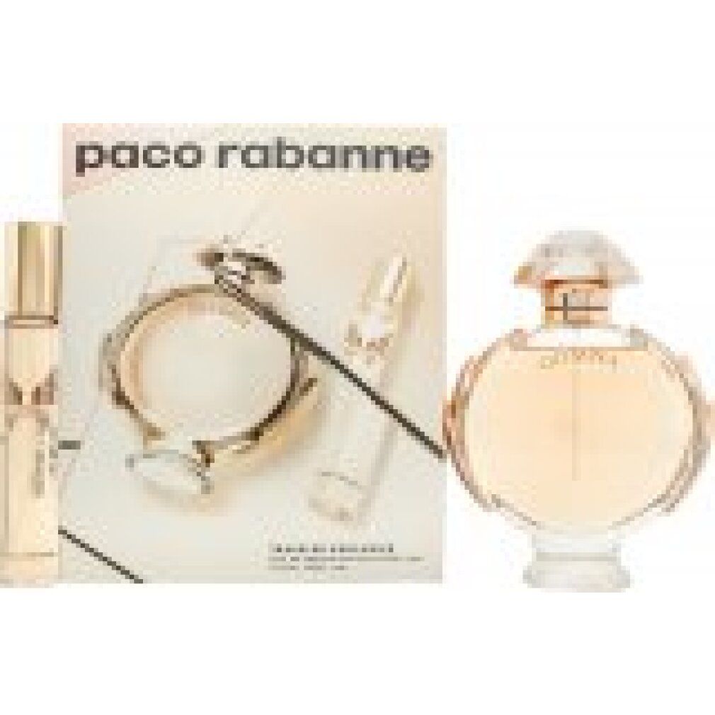 Parfüm-Set mit Flakon, Mini-Flakon und Zerstäuber. Verpackung mit Schriftzug Paco Rabanne und Olympea.