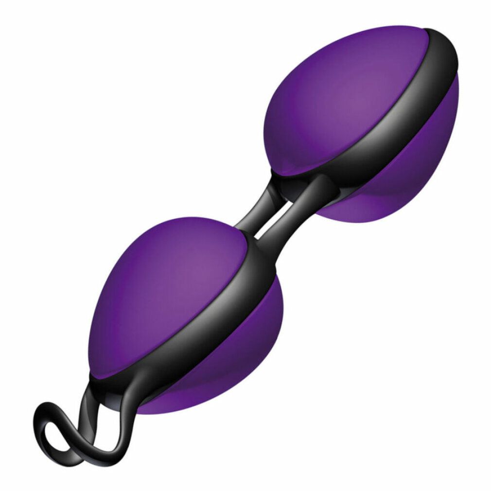 Violett-schwarze JOYBALLS secret. Zwei ovale Kugeln, verbunden durch einen schwarzen Steg. Schwarze Schlaufe.