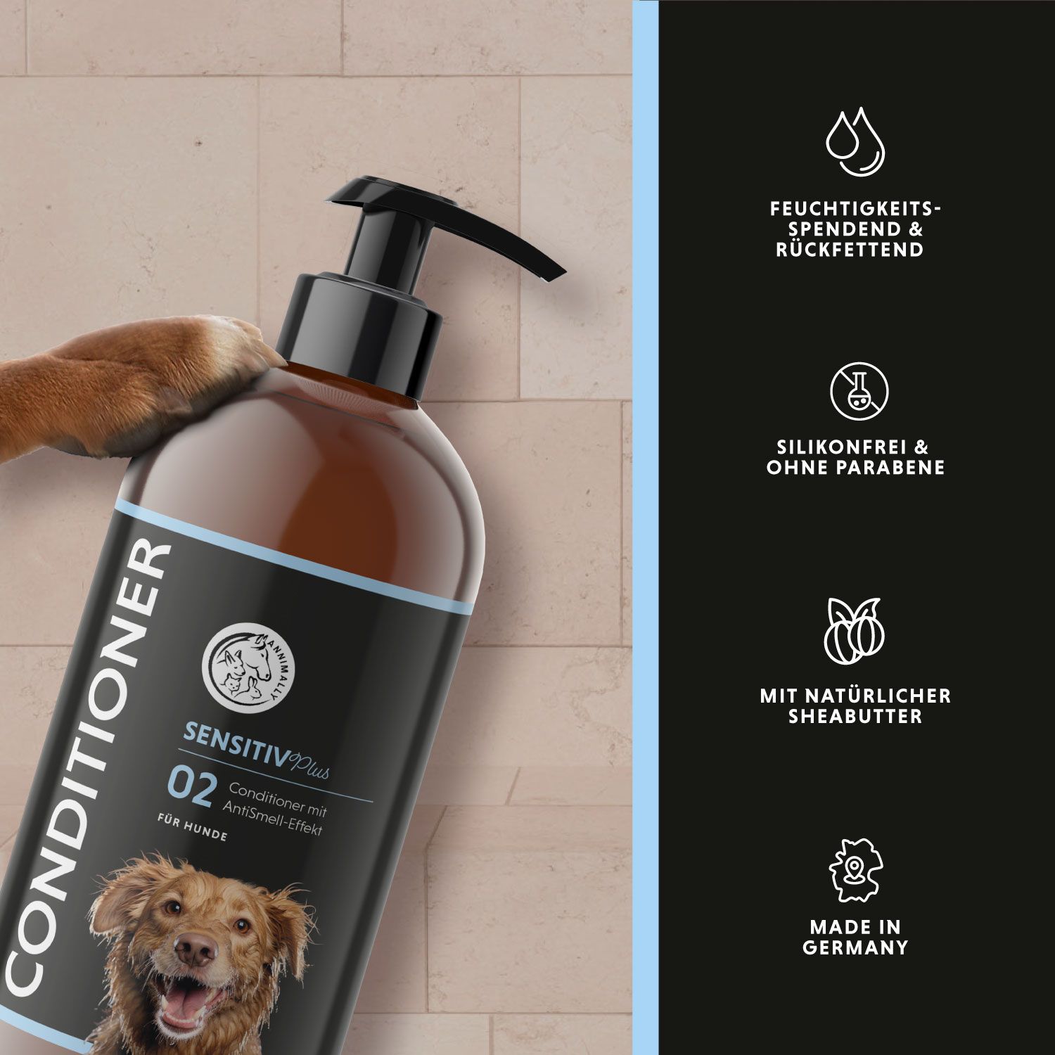 Braune Flasche mit schwarzem Pumpkopf. Aufschrift: CONDITIONER, SENSTIV Plus 02, Hundefoto. Icons: Feuchtigkeit, silikonfrei, Sheabutter, Made in Germany.