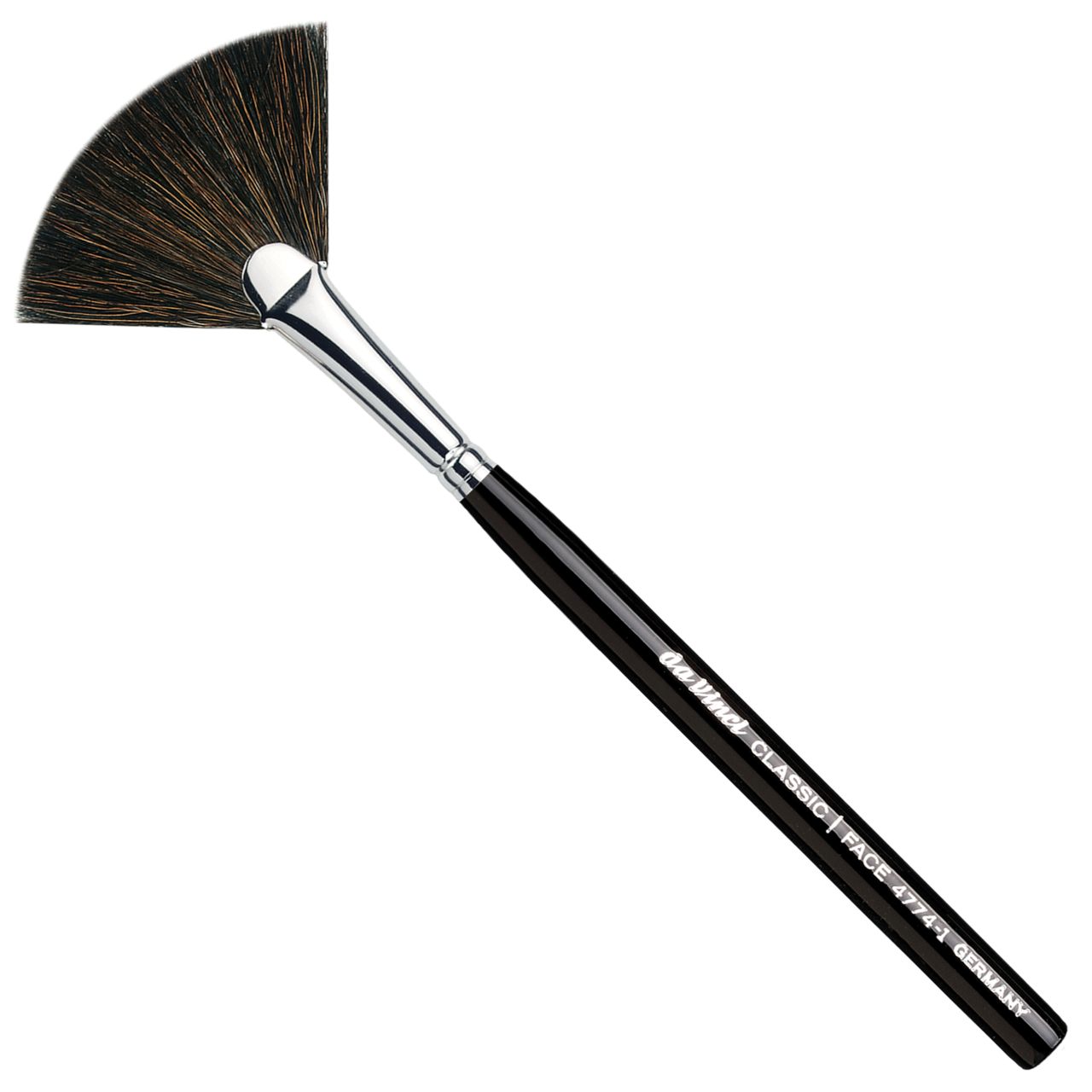 Fächerpinsel mit schwarzem Griff und silberner Zwinge. Borsten fächerförmig angeordnet. Griff mit Schriftzug.