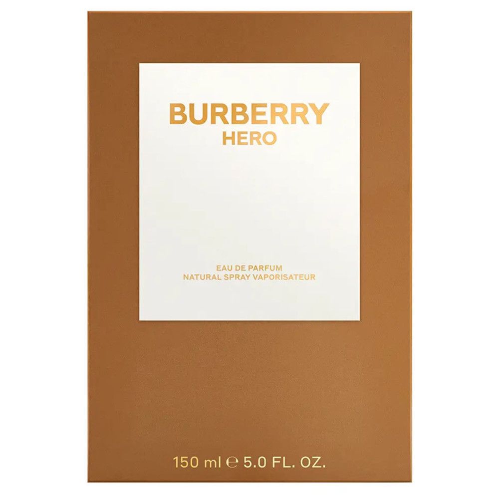 Burberry Hero E.d.P. Nat. Spray. Braune Verpackung mit weißem Feld und goldfarbenem Schriftzug. 150 ml.