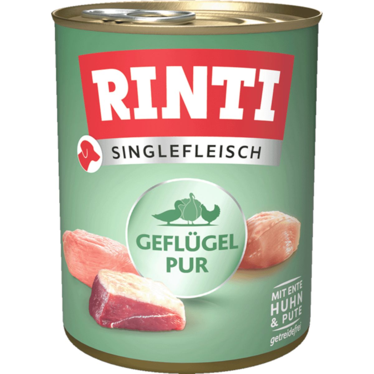 Rinti Singlefleisch Exclusive Geflügel Pur Hundefutter in grüner Dose mit Abbildungen von Fleischstücken und Geflügel.