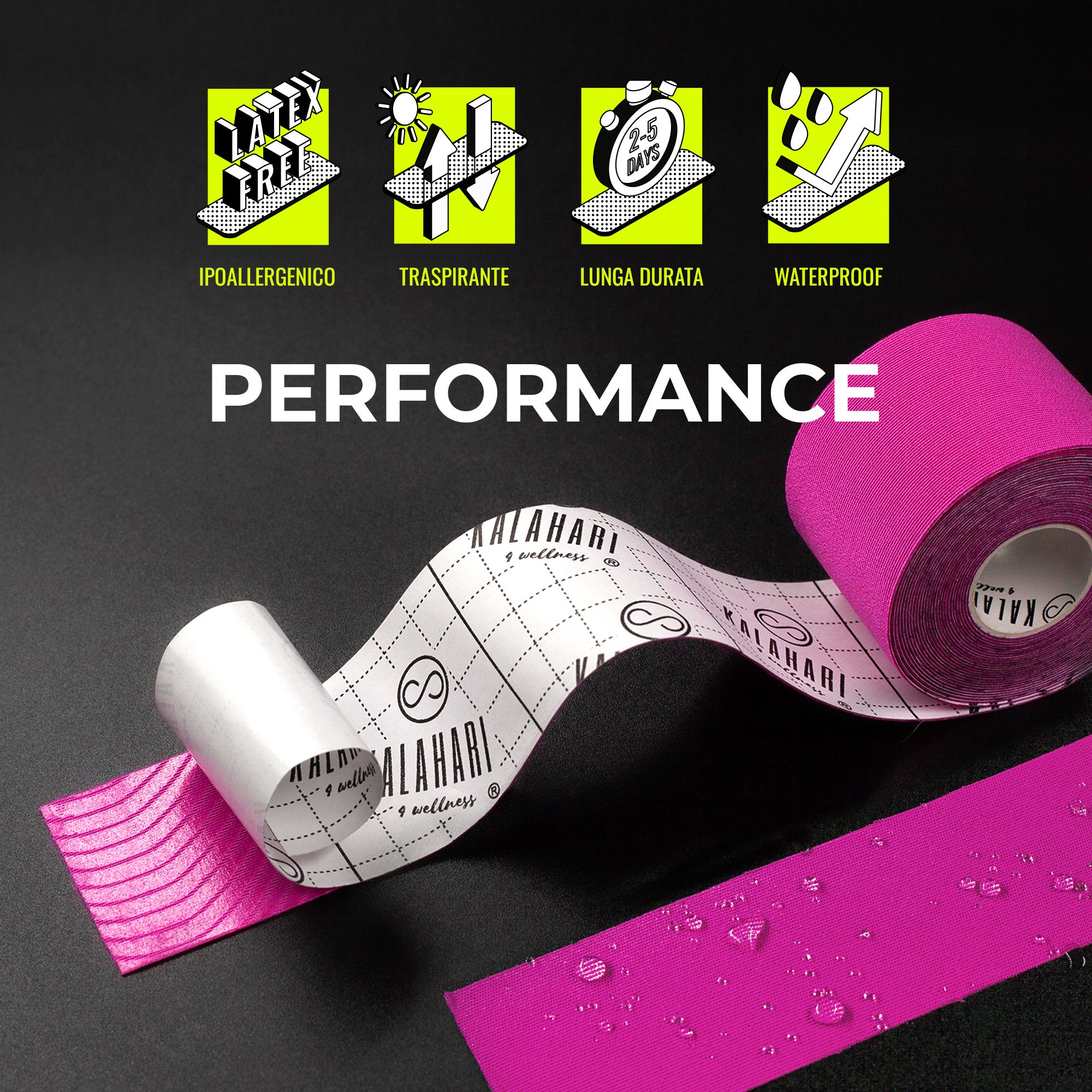 Pinkes Kinesio-Tape mit Gittermuster auf der Klebeseite, wasserfest und langlebig.