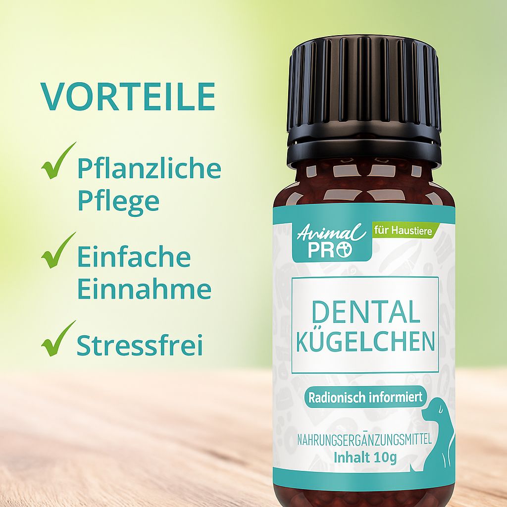 Produktflasche mit grünen Häkchen und Text: "Vorteile", "Pflanzliche Pflege", "Einfache Einnahme", "Stressfrei".