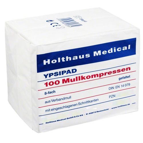 Verpackung mit Mullkompressen. Aufschrift: Holthaus Medical, YPSIPAD, 100 Mullkompressen, 8-fach, DIN EN 14079.