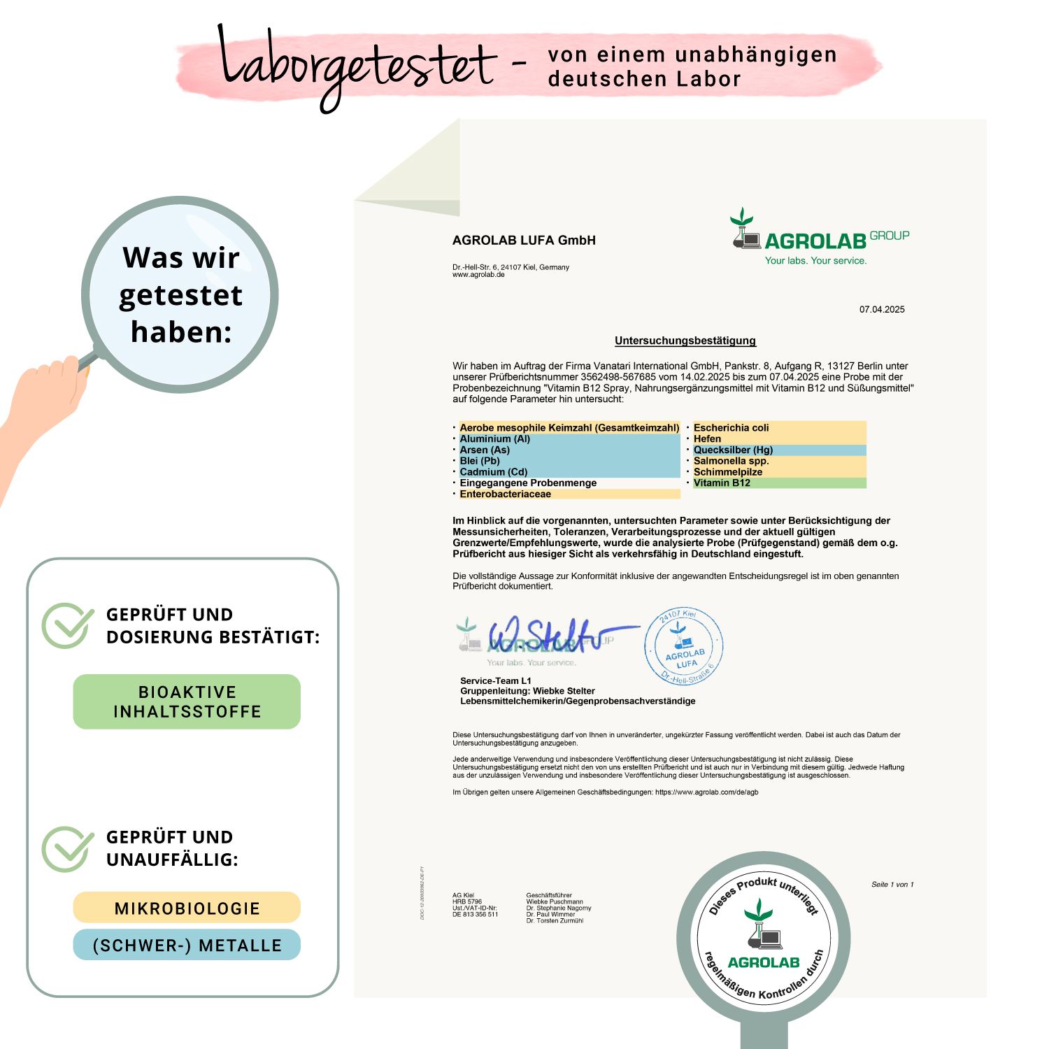 Laborbericht von Agrolab. Untersucht: Schwermetalle, Mikroorganismen, bioaktive Inhaltsstoffe. Siegel: Geprüft und bestätigt.