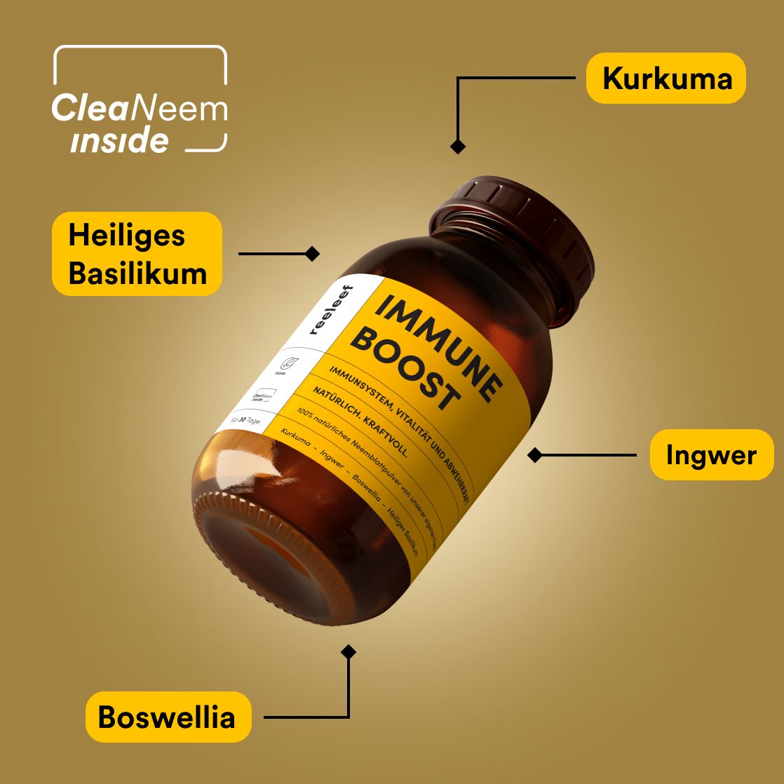 Braune Glasflasche mit gelbem Etikett. Aufschrift: IMMUNE BOOST. Zutaten: Kurkuma, Ingwer, Heiliges Basilikum, Boswellia. CleaNeem inside.