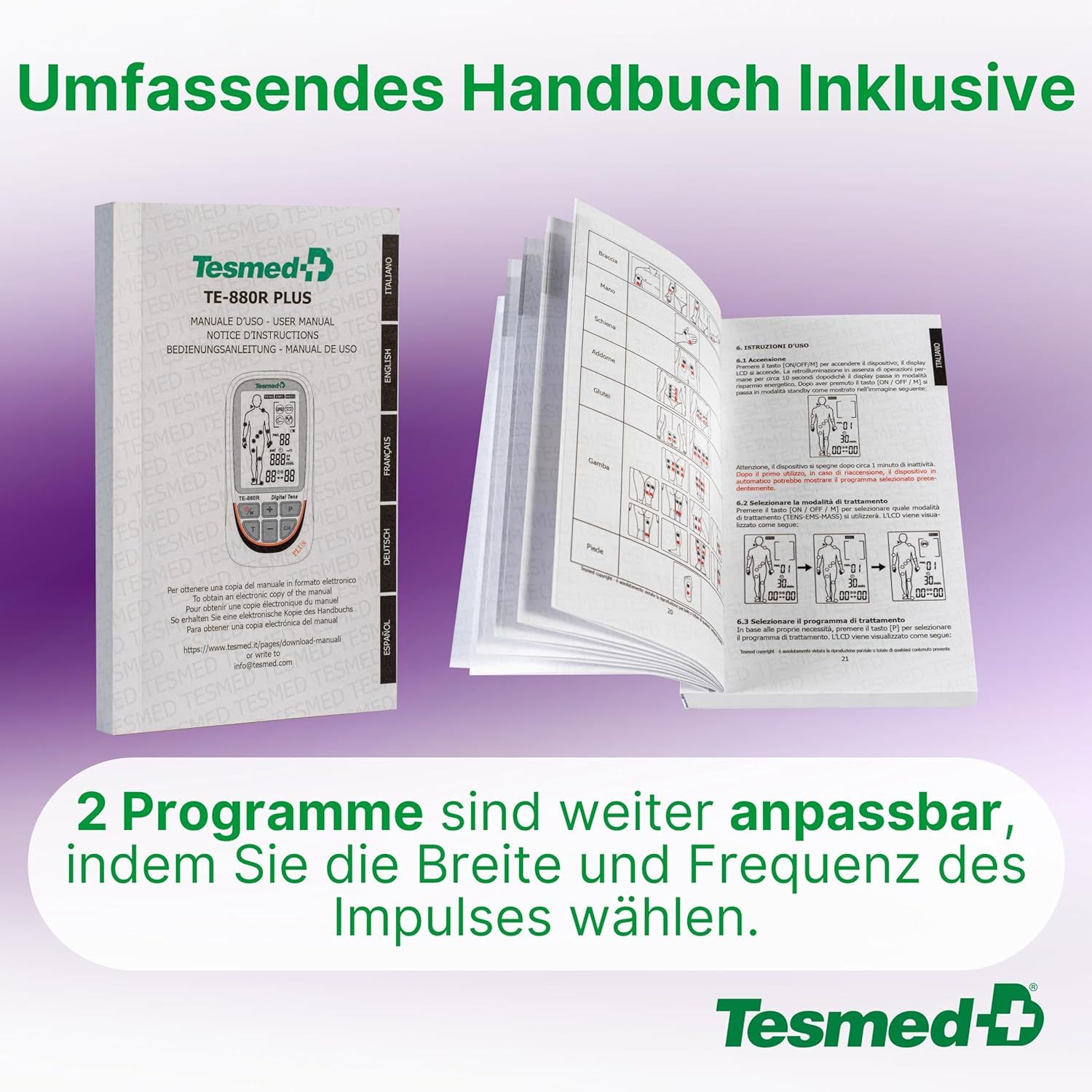 TESMED TE-880R Plus Wiederaufladbarer Muskelelektrostimulator, TENS,73 Programme Schmerztherapie