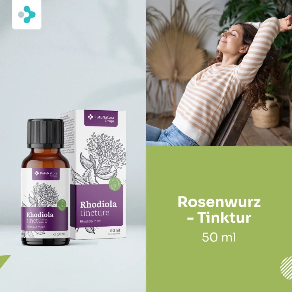 Braune Glasflasche mit schwarzem Deckel und Schachtel für Rhodiola Tinktur, 50 ml.