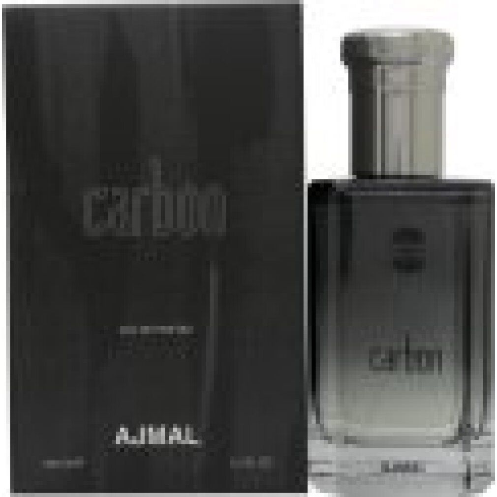 Parfümflakon und Verpackung. Flakon mit silbernem Deckel, Aufschrift "carbon" und "AJMAL". Verpackung mit "carbon" und "AJMAL".