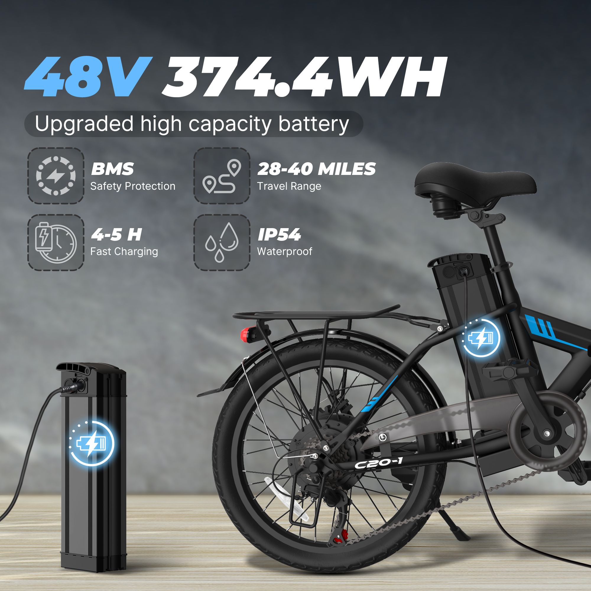 Faltbares E-Bike mit 48V-Batterie. Details: BMS-Schutz, 28-40 Meilen Reichweite, 4-5 Stunden Ladezeit, IP54 wasserdicht.