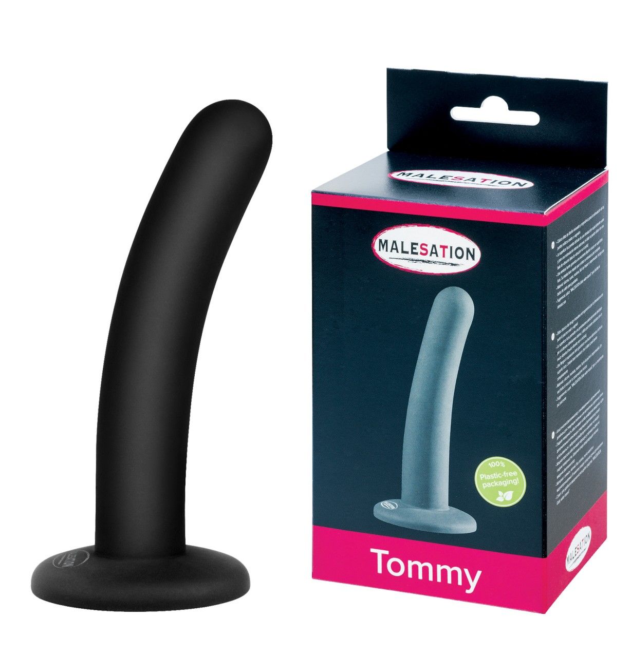 Schwarzer Dildo neben Verpackung. Verpackung mit Logo MALESATION und Produktname Tommy. Gebogene Form, Basis.