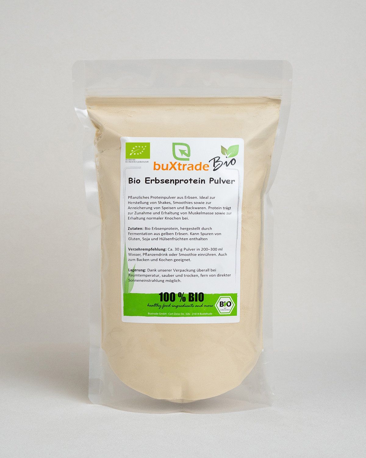Verpackung von buxtrade Bio Erbsenprotein Pulver, Vorderansicht.