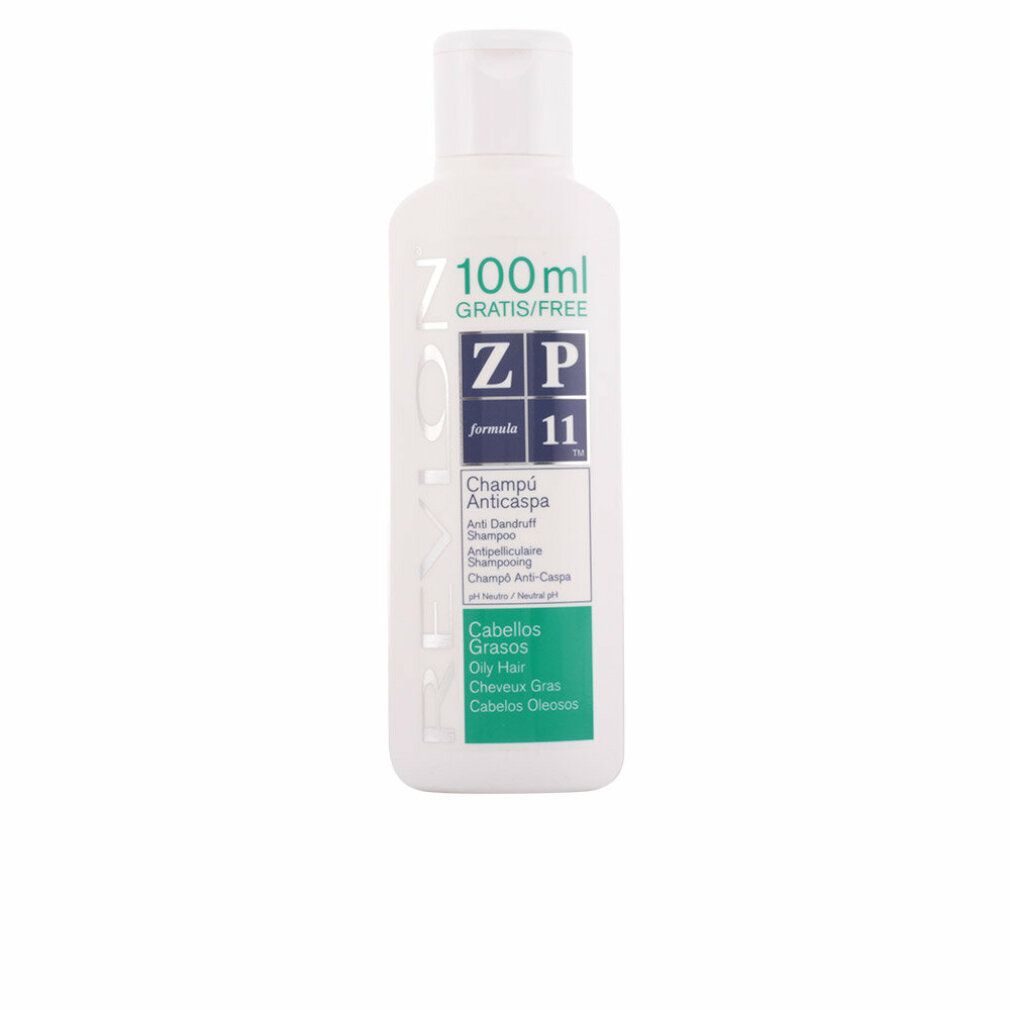 Weiße Shampoo-Flasche mit grün-weißen Etikett. Text: ZP 11, Champú Anticaspa, Cabellos Grasos. Gratis/Free.