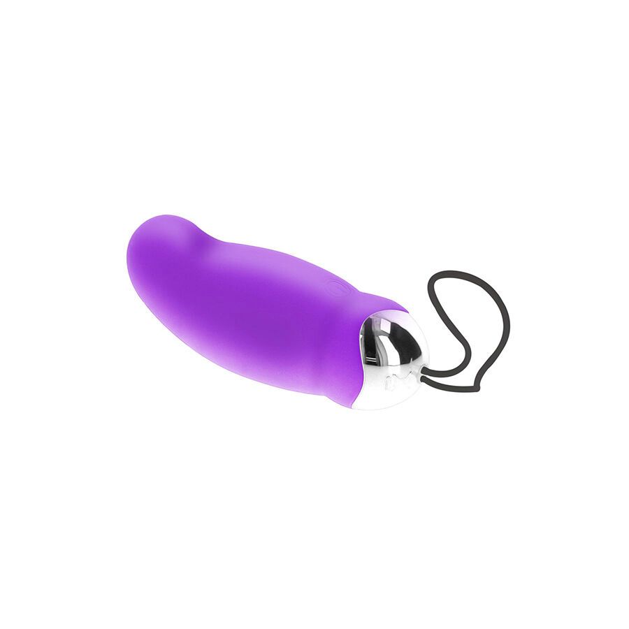 Lila Vibrator mit silbernem Ende und schwarzer Schlaufe. Glatte Oberfläche.