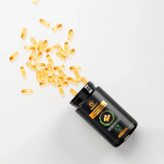 SUNNAFRUCHT Omega 3 Algenöl Kapseln, Dose mit herausgekippten Kapseln auf weißem Hintergrund.
