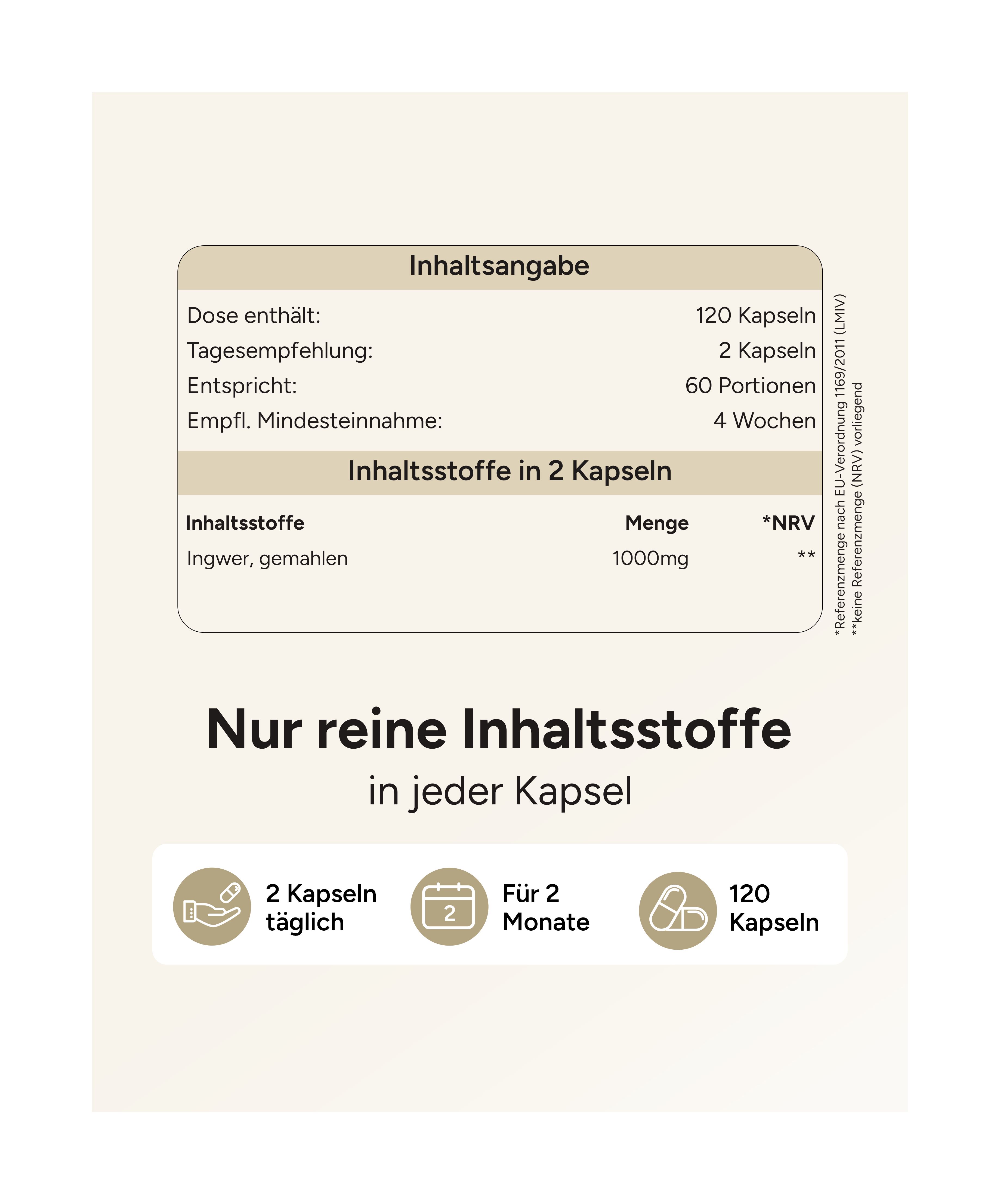Weißes Informationsblatt. Inhalt: 120 Kapseln, 2 Kapseln täglich, 60 Portionen, 4 Wochen. Reine Inhaltsstoffe in jeder Kapsel.