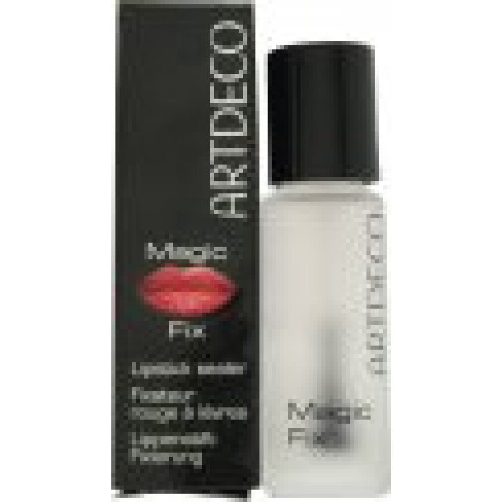 Produktverpackung mit Flakon und schwarzem Deckel. Aufschrift ARTDECO, Magic Fix und Lippenstiftfixierung. Abbildung roter Lippen.