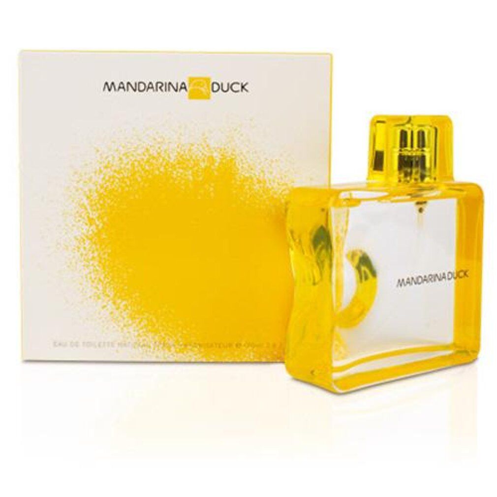 Eau de Toilette Spray mit Verpackung. Flakon und Verpackung mit Mandarina Duck Logo. Gelbe Akzente.