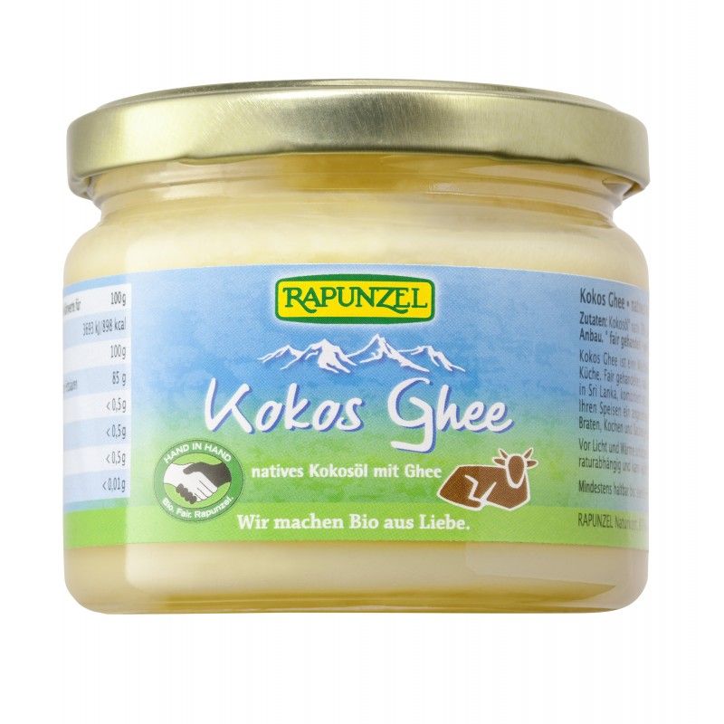Glas mit Kokos Ghee. Aufschrift: Rapunzel, Kokos Ghee, natives Kokosöl mit Ghee. Hand in Hand Siegel.