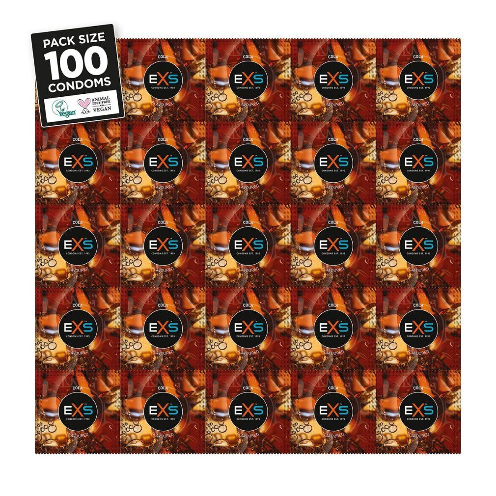 Packung mit 100 Kondomen. Aufdruck: EXS, Cola, Vegan-Logo. Viele einzelne Kondomverpackungen.