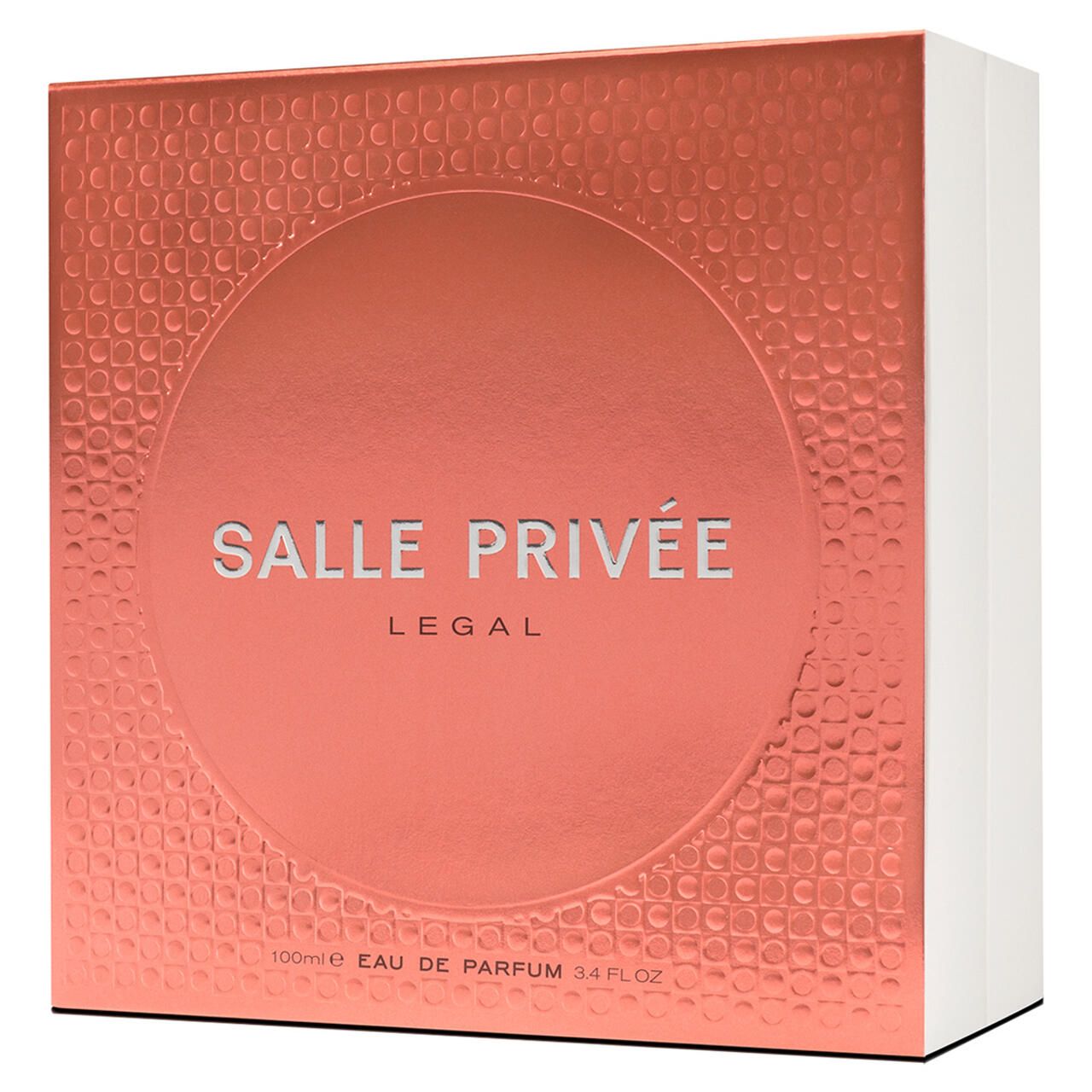 Verpackung mit SALLE PRIVEE, LEGAL. Aufschrift: 100ml Eau de Parfum, 3.4 FL.OZ. Rosa-goldene Oberfläche.