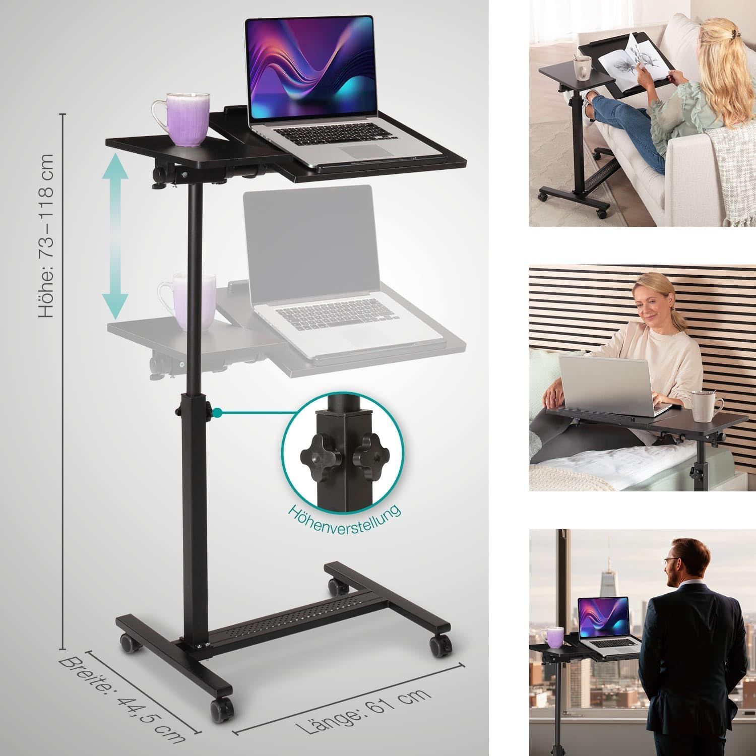 Schwarzer, höhen- und breitenverstellbarer Beistelltisch mit Rollen und Feststellbremse. Höhe: 73-118 cm, Breite: 44,5 cm, Länge: 61 cm. Mit Laptop und Tasse.
