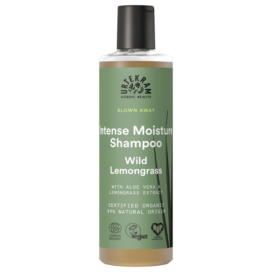 Shampoo-Flasche mit schwarzem Deckel. Aufschrift: Intense Moisture Shampoo Wild Lemongrass. Zertifiziertes Bio-Produkt.