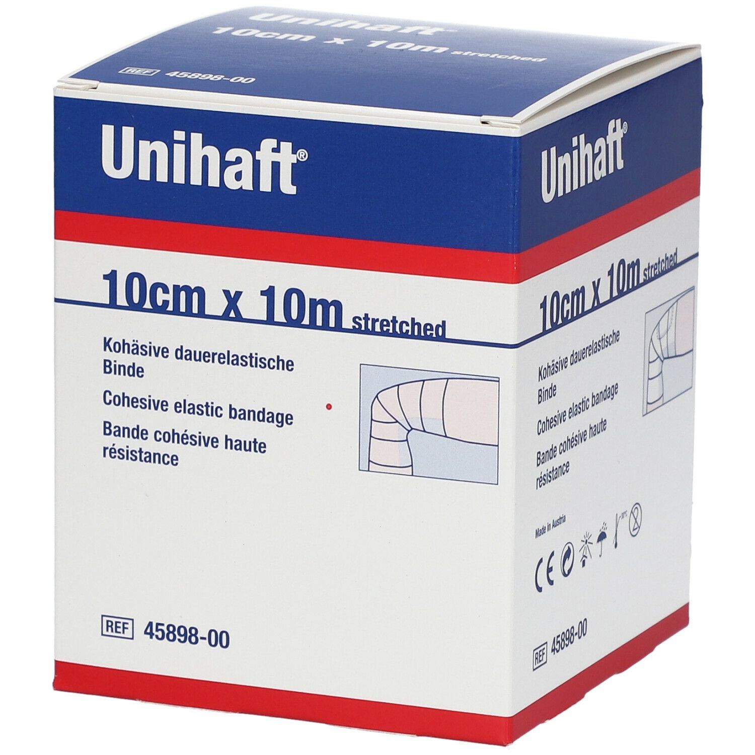 Unihaft-Box. 10cm x 10m. Kohäsive, elastische Binde. Weiß-blaue Verpackung. CE-Kennzeichnung. REF 45898-00.