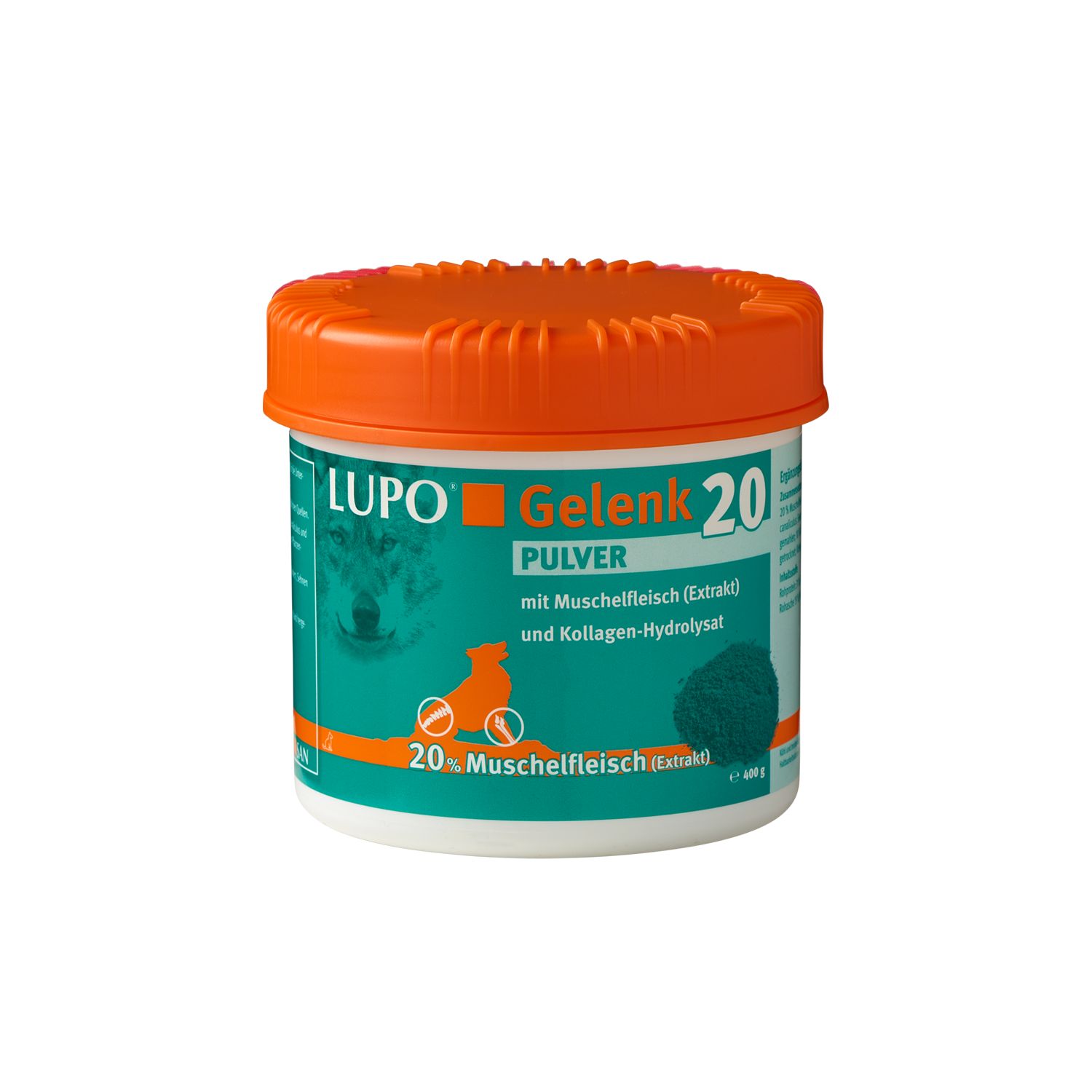 Weißes Produktglas mit orangefarbenem Deckel. Aufschrift: LUPO Gelenk 20 Pulver. Grün-weißer Aufkleber mit Produktinformationen.